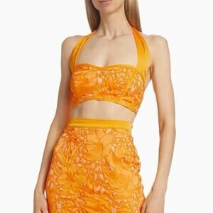 Ramy Brook Lina Satin Crop Top Yuzu Orange Floral Sateen Cutout NWT size 4